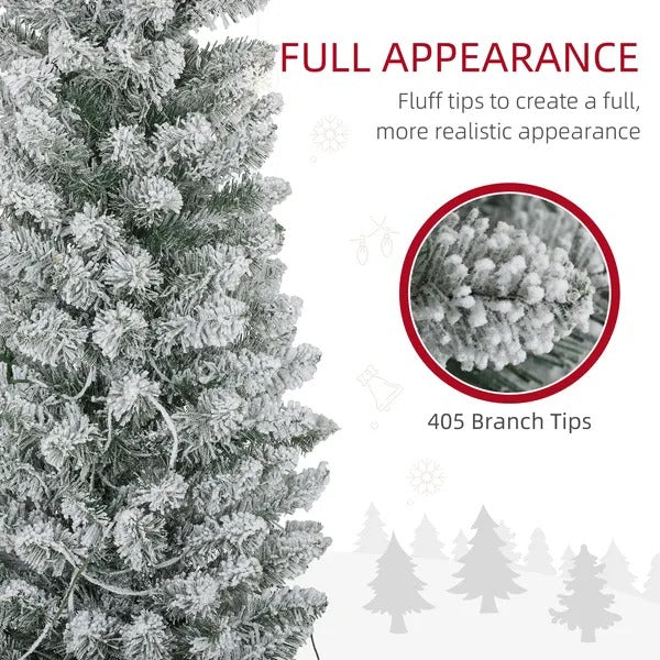 7ft Artificial Prelit Christmas Tree With Warm White LED Light, Snow Flocked Branches, Metal Base, Pencil Xmas Tree