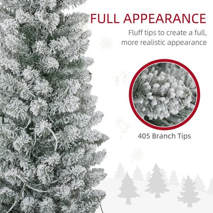 7ft Artificial Prelit Christmas Tree With Warm White LED Light, Snow Flocked Branches, Metal Base, Pencil Xmas Tree