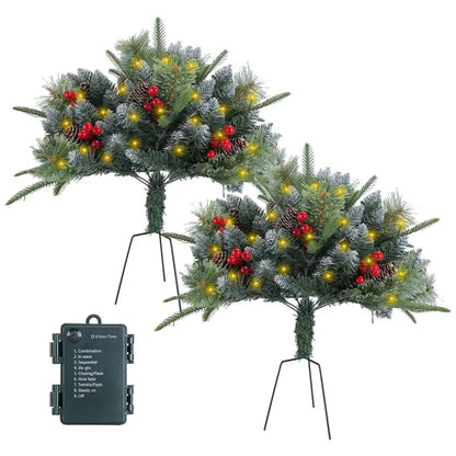 2Pcs Christmas Tree Urn Filler With Light Artificial Lighted Xmas Trees Light With Cones Berries Holiday Planter Filler LED Pathway Pine Tree IP44 Waterproof With Tripod Stake 50 Beads