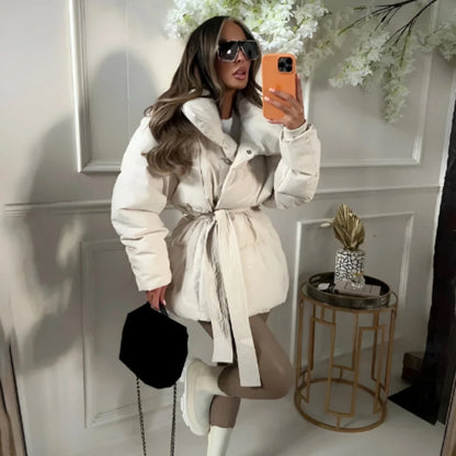 Women's Thickened Cotton Jacket – Warm Lapel Coat with Belt, Casual Winter Outwear