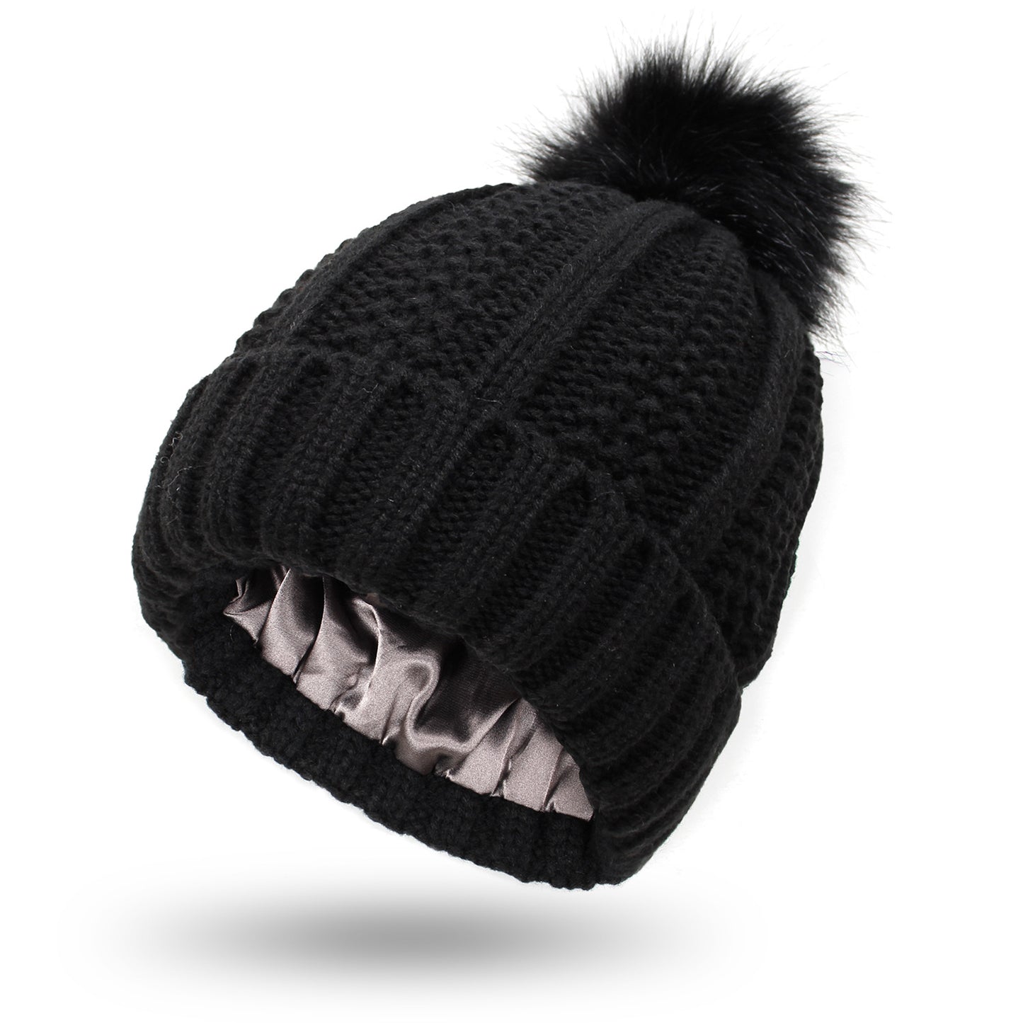 Winter Knit Beanie with Faux Fur Pom Pom – Warm, Stretchy & Stylish Hat for Women