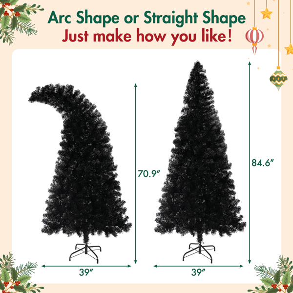6FT Artificial Christmas Tree With LED Light, Pre-Lit Curved Shape Artificial Whimsical Xmas Tree With 900 Tips, Black Christmas Tree