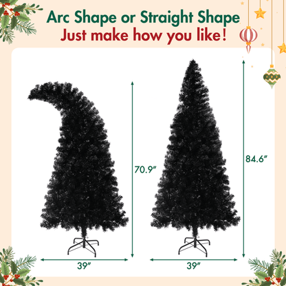 6FT Artificial Christmas Tree With LED Light, Pre-Lit Curved Shape Artificial Whimsical Xmas Tree With 900 Tips, Black Christmas Tree