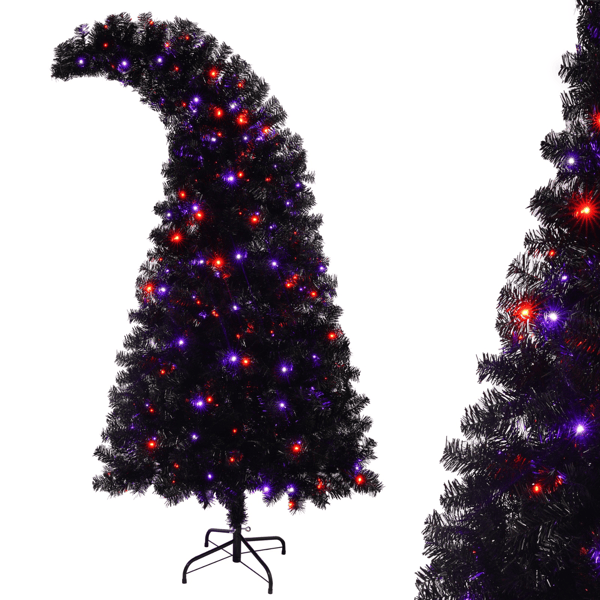 6FT Artificial Christmas Tree With LED Light, Pre-Lit Curved Shape Artificial Whimsical Xmas Tree With 900 Tips, Black Christmas Tree