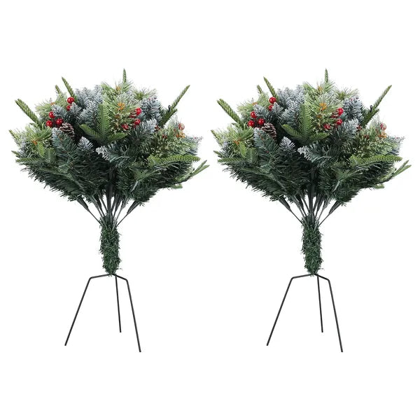 2Pcs Christmas Tree Urn Filler With Light Artificial Lighted Xmas Trees Light With Cones Berries Holiday Planter Filler LED Pathway Pine Tree IP44 Waterproof With Tripod Stake 50 Beads