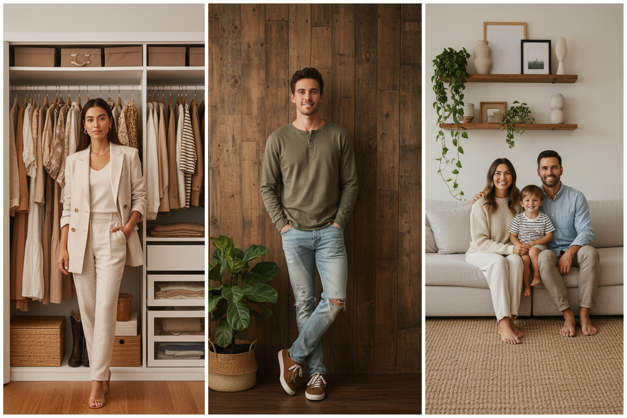 Create a high-quality, professional website banner for an online store in the fashion, kids, and home niche. The image should feature:

- A stylish adult girl standing confidently in front of her wardrobe.
- A well-dressed adult boy showing modern fashion.
- A happy family (man, woman, child) smiling together inside a cozy home environment.
- The background should include subtle elements of home decor (e.g., sofa, plants, shelves).
- The banner should visually suggest that people of all relationship statuse