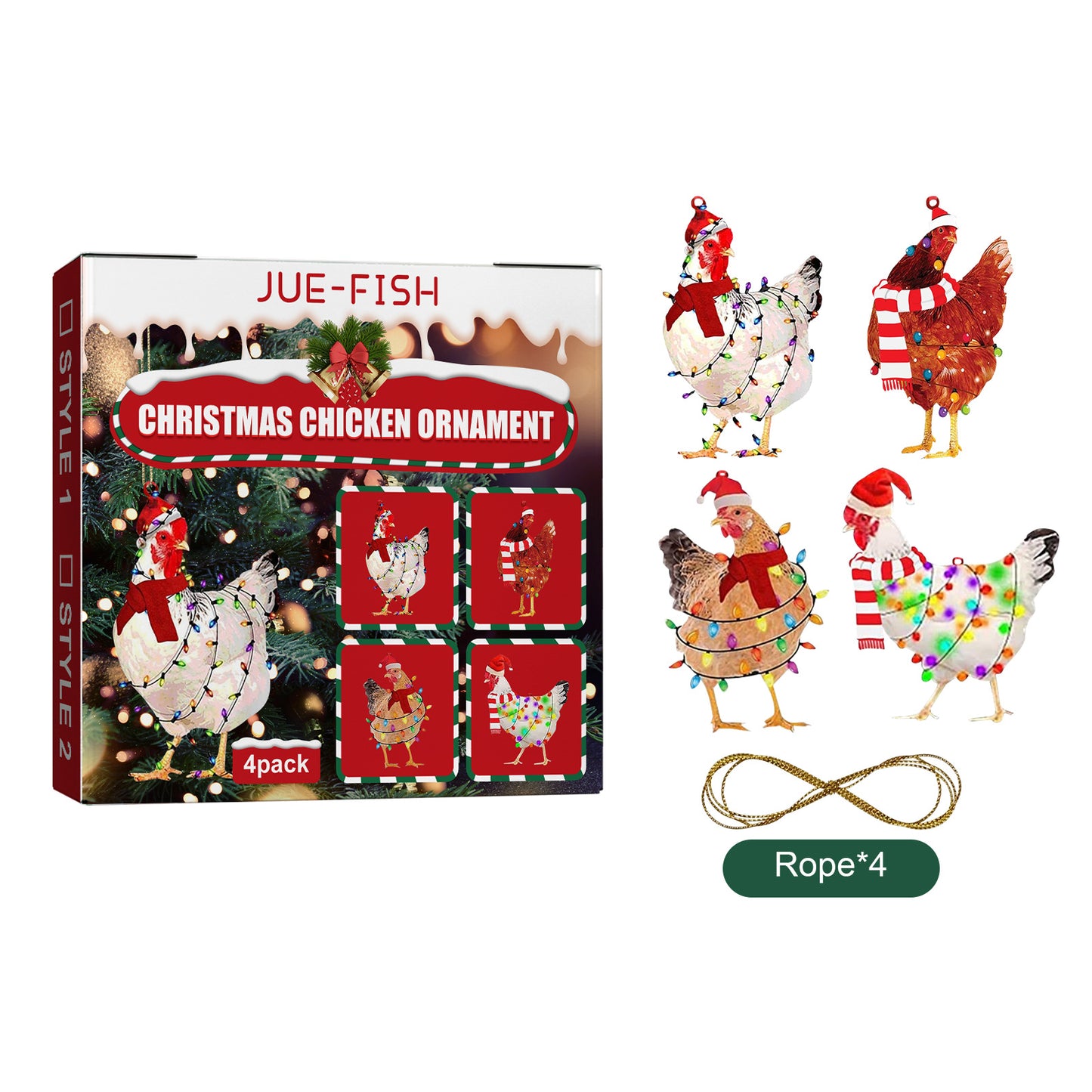 Festive Wooden Chicken Ornaments – Holiday Tree Décor Set (4 Pack)