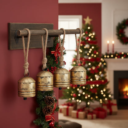 4PCS Christmas Bells Hanging Ornaments – Festive Iron Tree Decorations (5.5x5.5x7.5in)