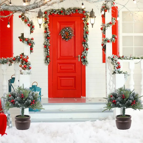 2Pcs Christmas Tree Urn Filler With Light Artificial Lighted Xmas Trees Light With Cones Berries Holiday Planter Filler LED Pathway Pine Tree IP44 Waterproof With Tripod Stake 50 Beads