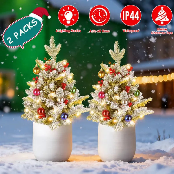 2Pcs Battery Powered Lighted Christmas Tree Urn Filler With Light Artificial Xmas Trees Light With Berries Balls LED Pathway Pine Tree IP44 Waterproof 50 Beads Warm Light