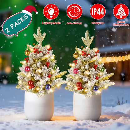 2Pcs Battery Powered Lighted Christmas Tree Urn Filler With Light Artificial Xmas Trees Light With Berries Balls LED Pathway Pine Tree IP44 Waterproof 50 Beads Warm Light