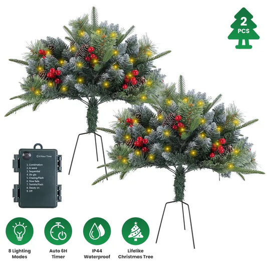 2Pcs Christmas Tree Urn Filler With Light Artificial Lighted Xmas Trees Light With Cones Berries Holiday Planter Filler LED Pathway Pine Tree IP44 Waterproof With Tripod Stake 50 Beads
