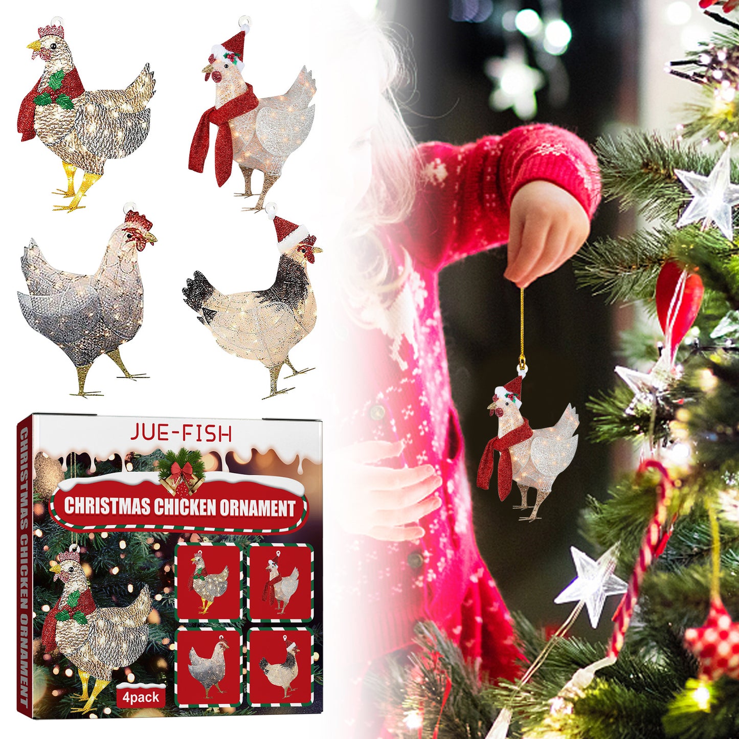 Festive Wooden Chicken Ornaments – Holiday Tree Décor Set (4 Pack)