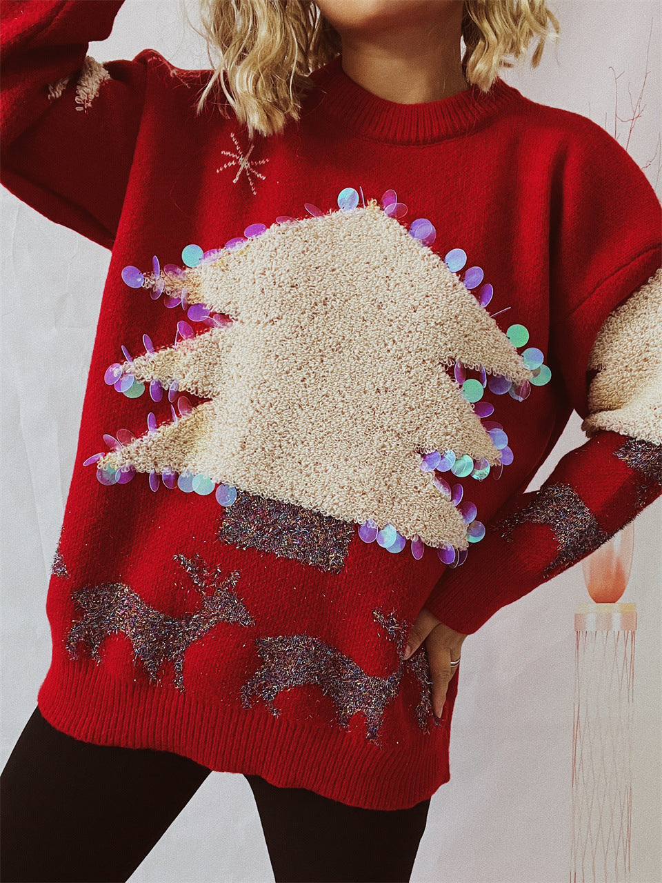 Women's Holiday Sequin Christmas Tree Sweater – Festive Knitted Fashion