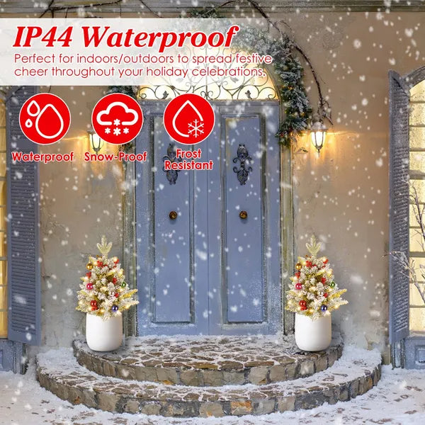 2Pcs Battery Powered Lighted Christmas Tree Urn Filler With Light Artificial Xmas Trees Light With Berries Balls LED Pathway Pine Tree IP44 Waterproof 50 Beads Warm Light