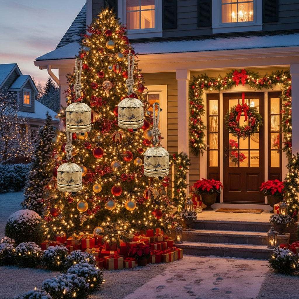 4PCS Christmas Bells Hanging Ornaments – Festive Iron Tree Decorations (5.5x5.5x7.5in)