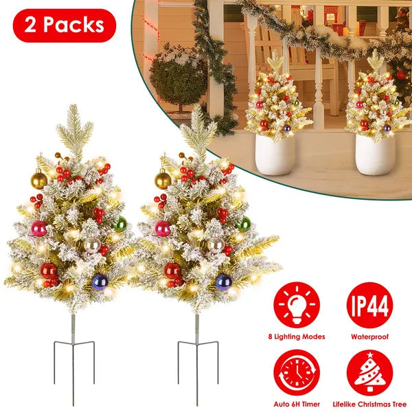 2Pcs Battery Powered Lighted Christmas Tree Urn Filler With Light Artificial Xmas Trees Light With Berries Balls LED Pathway Pine Tree IP44 Waterproof 50 Beads Warm Light